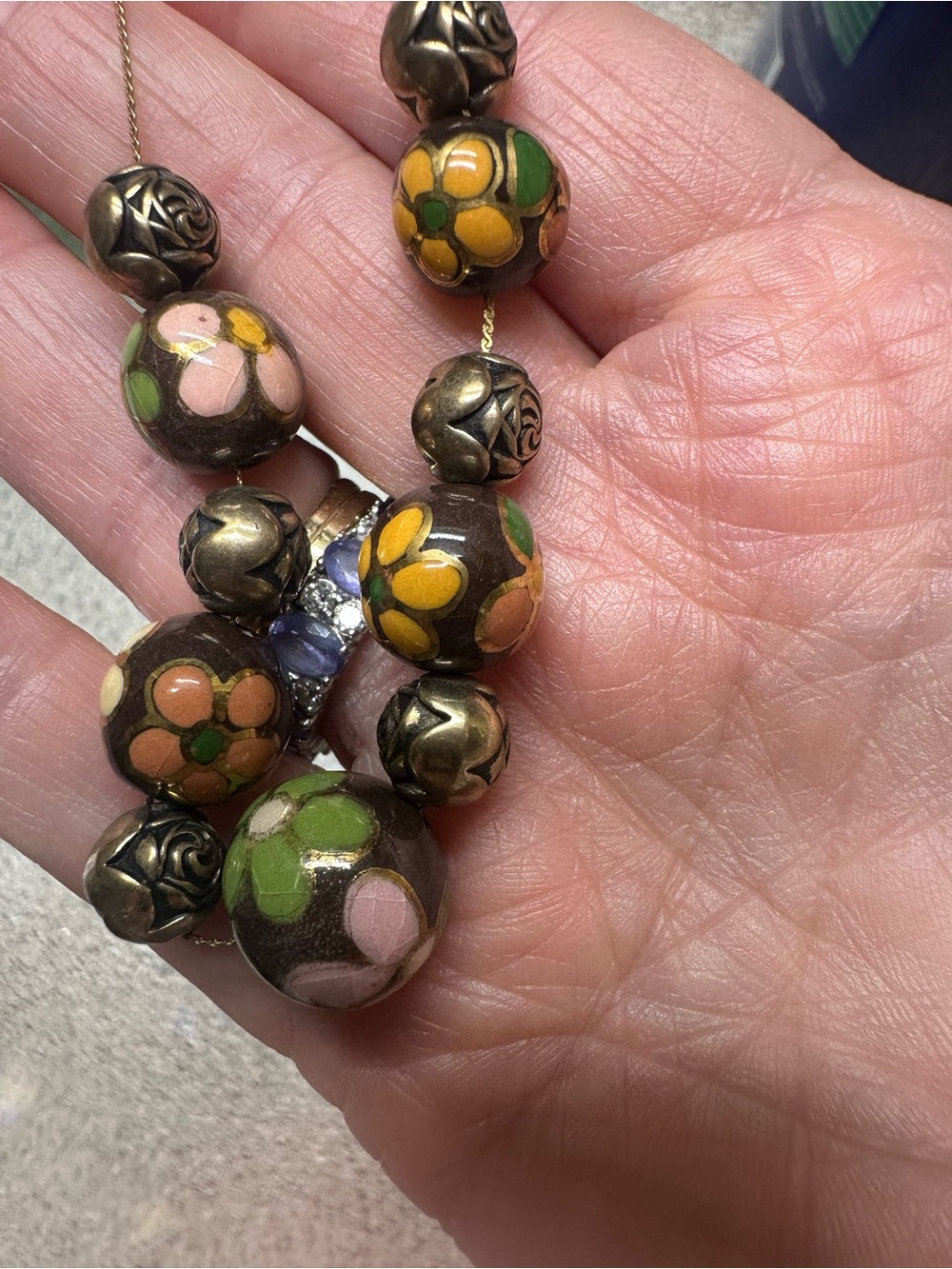 14K Gold  Gemstone & Cloisonné Necklace Estate Beaded Vintage 18"